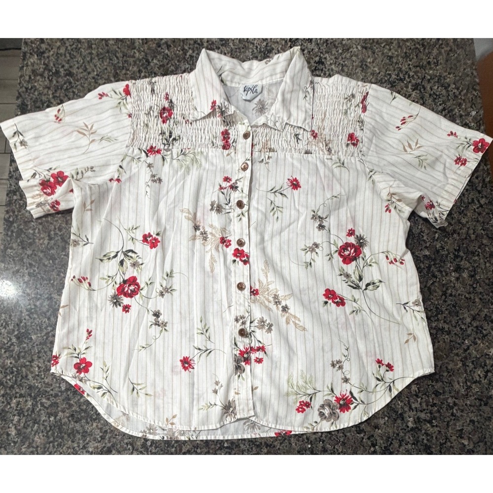 Top & Co Womens Floral Pinstripe Smocked Button Down Blouse Short Sleeve XL